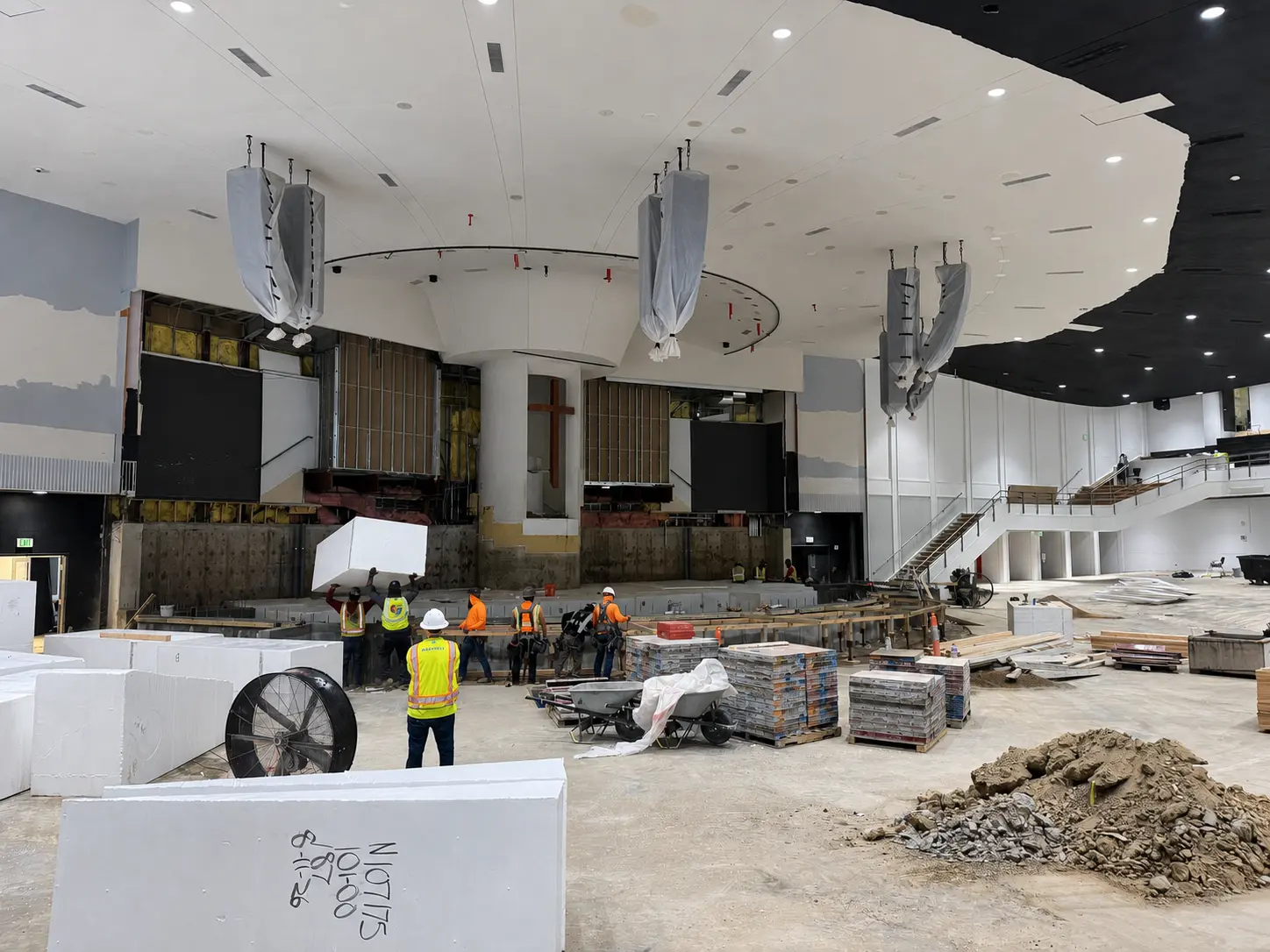 BRAVE Church auditorium renovation in progress during the commercial LED lighting retrofit in Cherry Hills Village