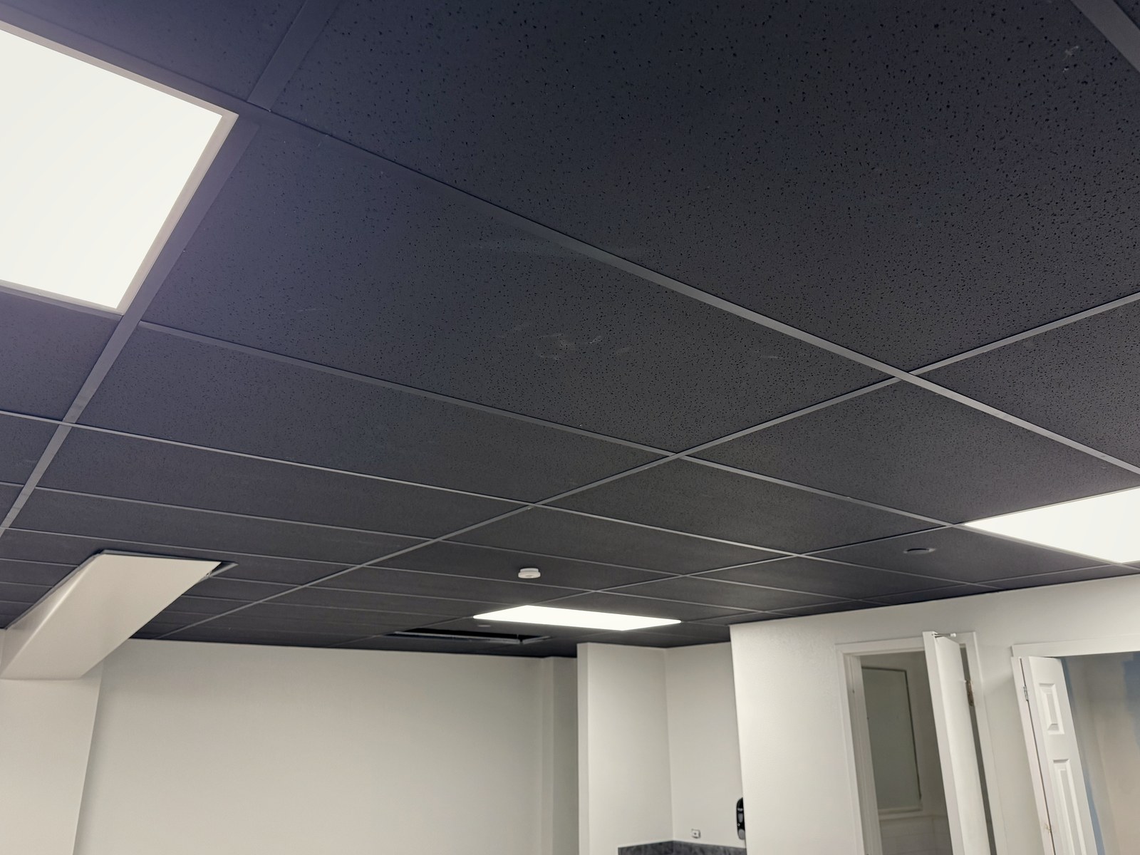 2x4 LED flat panels installed in a finished drop ceiling at BRAVE Church, Cherry Hills Village