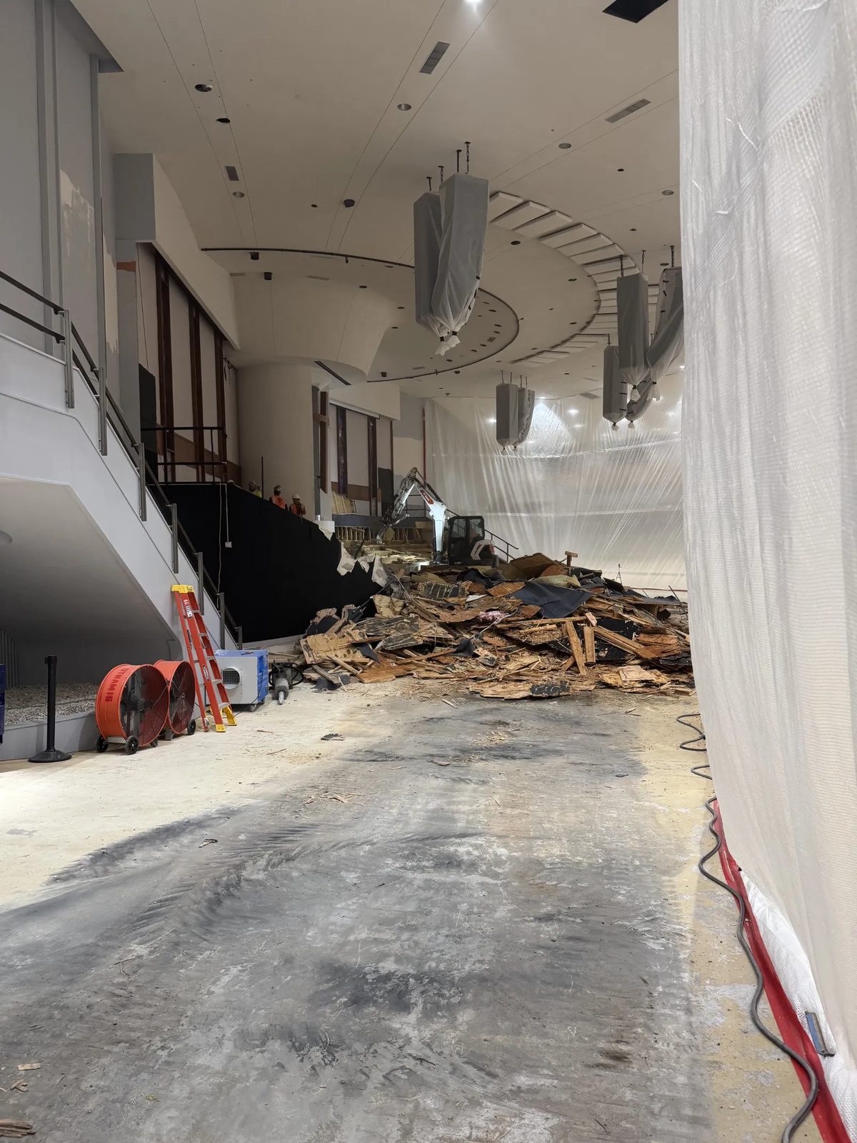 Demolition phase inside the BRAVE Church auditorium ahead of lighting installation