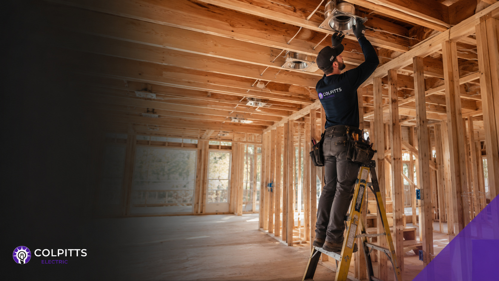 Electrician installing recessed lighting in new residential construction